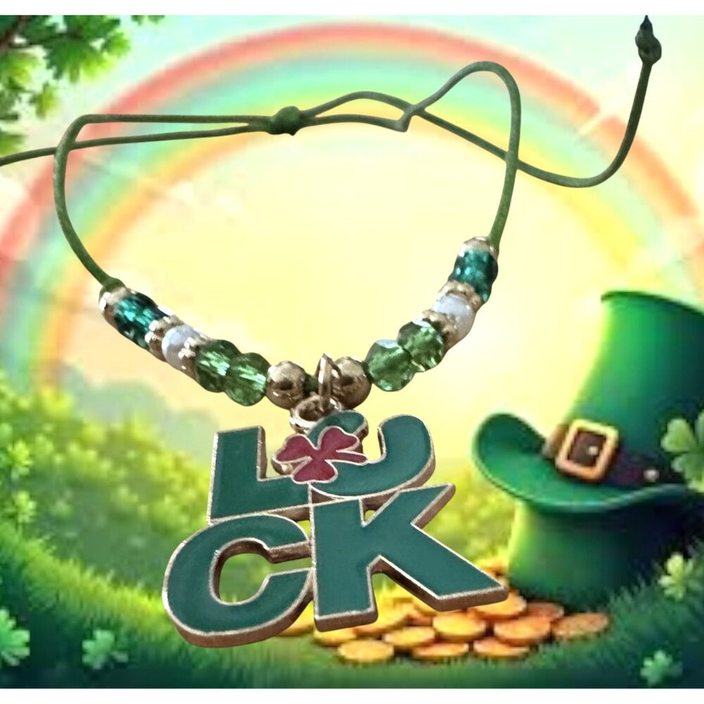 St Patricks Day Knotted String Beaded Bracelet Anklet Luck Shamrock Char…
